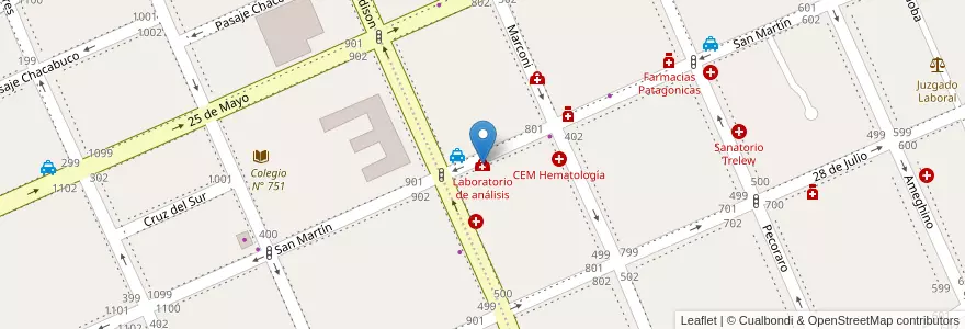 Mapa de ubicacion de Laboratorio de análisis en Arjantin, Chubut, Trelew, Departamento Rawson.