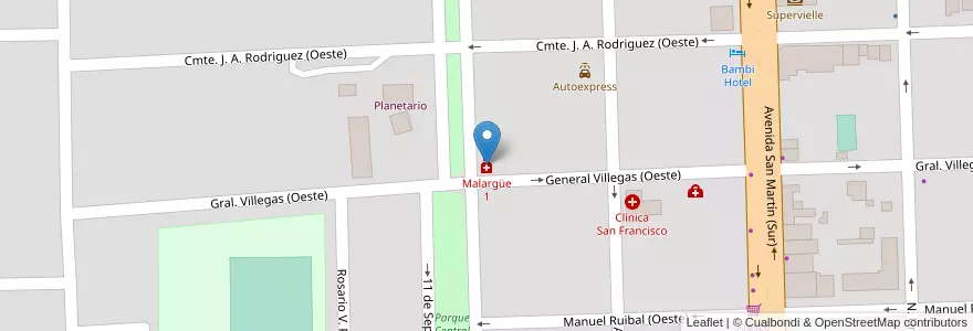 Mapa de ubicacion de Malargüe 1 en アルゼンチン, チリ, メンドーサ州, Departamento Malargüe, Distrito Ciudad De Malargüe.