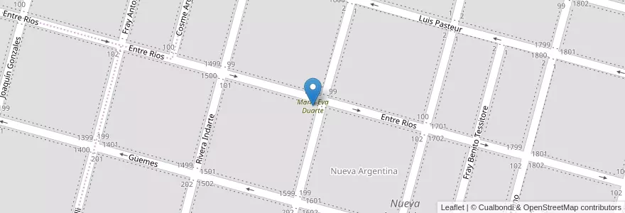Mapa de ubicacion de María Eva Duarte en アルゼンチン, コルドバ州, Departamento Río Cuarto, Pedanía Río Cuarto, Municipio De Río Cuarto, Río Cuarto.