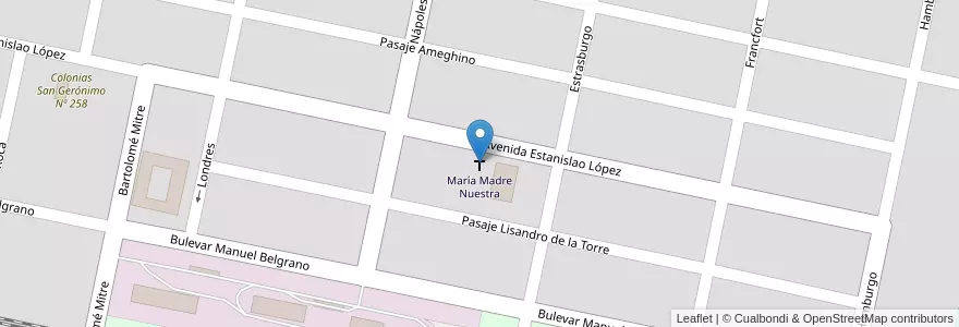 Mapa de ubicacion de María Madre Nuestra en Arjantin, Santa Fe, Departamento San Lorenzo, Municipio De San Jerónimo Sud, San Jerónimo Sud.