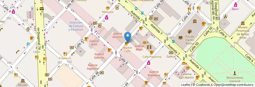 Mapa de ubicacion de Market Cafe, Casco Urbano en 阿根廷, 布宜诺斯艾利斯省, Partido De La Plata, La Plata.