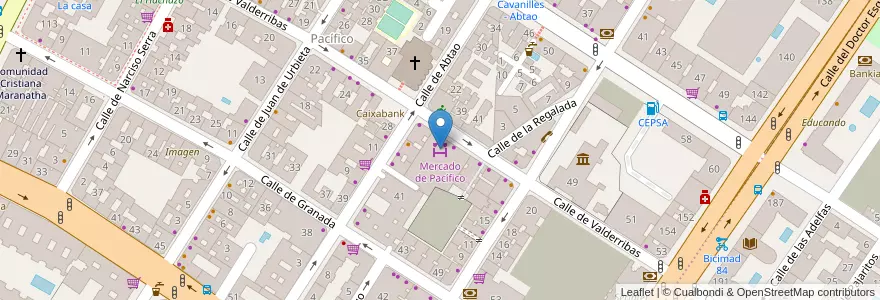 Mapa de ubicacion de Mercado de Pacífico en 스페인, Comunidad De Madrid, Comunidad De Madrid, Área Metropolitana De Madrid Y Corredor Del Henares, 마드리드.