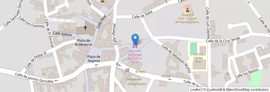 Mapa de ubicacion de Mercado Municipal de la Cruz Verde en اسپانیا, بخش خودمختار مادرید, بخش خودمختار مادرید, Comarca Sur, Navalcarnero.