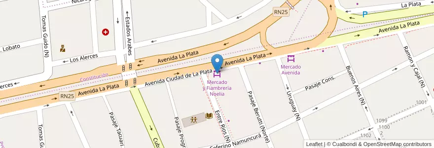 Mapa de ubicacion de Mercado y Fiambrería Noelia en 아르헨티나, Chubut, Trelew, Departamento Rawson.