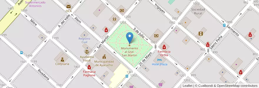 Mapa de ubicacion de Monumento al Gral. San Martín en アルゼンチン, ブエノスアイレス州, Partido De Ayacucho, Ayacucho.