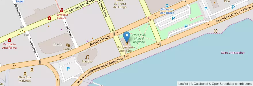 Mapa de ubicacion de Monumento Belgrano en アルゼンチン, Departamento Ushuaia, チリ, ティエラ・デル・フエゴ州, Ushuaia.