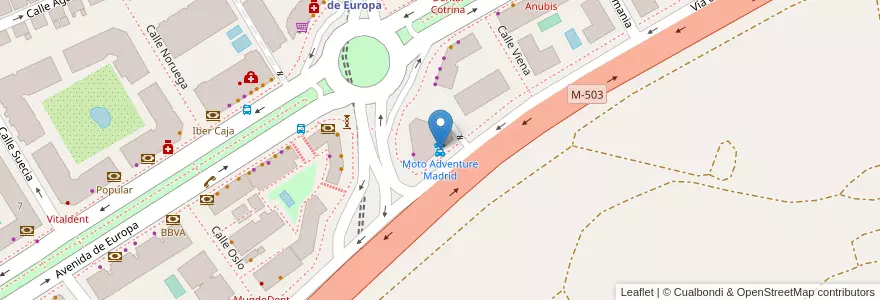 Mapa de ubicacion de Moto Adventure Madrid en 스페인, Comunidad De Madrid, Comunidad De Madrid, Área Metropolitana De Madrid Y Corredor Del Henares, Pozuelo De Alarcón.