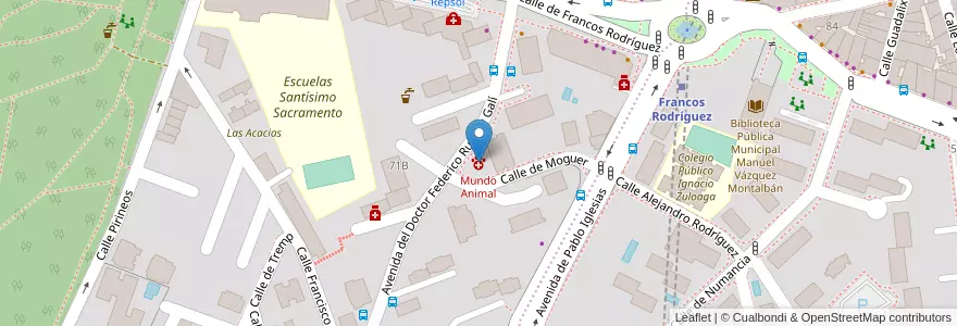 Mapa de ubicacion de Mundo Animal en Spagna, Comunidad De Madrid, Comunidad De Madrid, Área Metropolitana De Madrid Y Corredor Del Henares, Madrid.