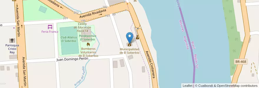 Mapa de ubicacion de Municipalidad de El Soberbio en Brasilien, Süden, Misiones, Região Geográfica Intermediária De Ijui, Região Geográfica Imediata De Três Passos, El Soberbio, Tiradentes Do Sul.