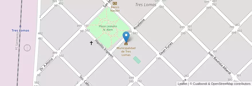 Mapa de ubicacion de Municipalidad de Tres Lomas en アルゼンチン, ブエノスアイレス州, Partido De Tres Lomas, Tres Lomas.