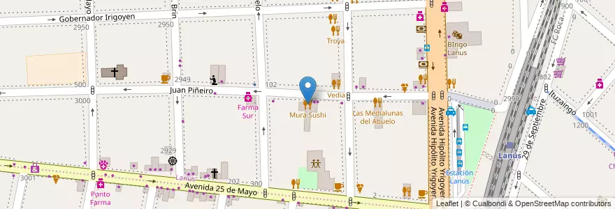 Mapa de ubicacion de Mura Sushi en 아르헨티나, 부에노스아이레스주, Partido De Lanús, Lanús Oeste.