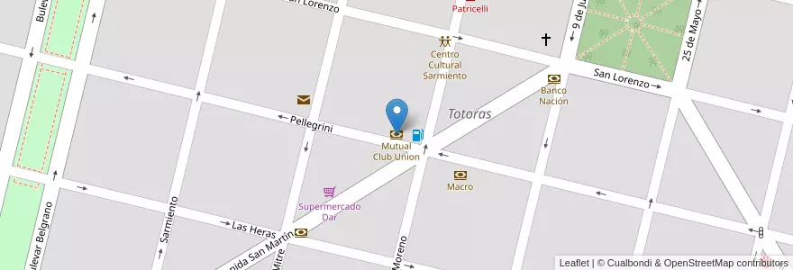 Mapa de ubicacion de Mutual Club Union en آرژانتین, سانتافه, Departamento Iriondo, Municipio De Totoras.