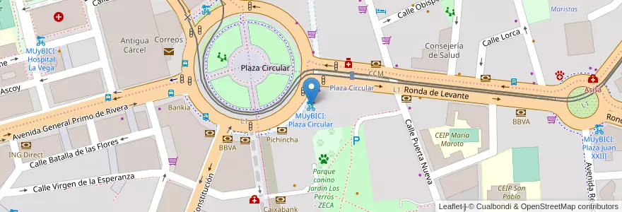 Mapa de ubicacion de MUyBICI: Plaza Circular en 스페인, Región De Murcia, Región De Murcia, Área Metropolitana De Murcia, Murcia.