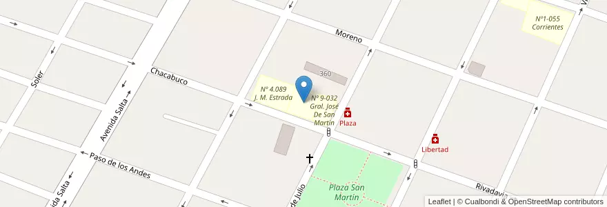 Mapa de ubicacion de Nº 9-001 Gral. Jose De San Martín en 아르헨티나, 칠레, Mendoza, Departamento San Martín, Distrito Ciudad De San Martín.