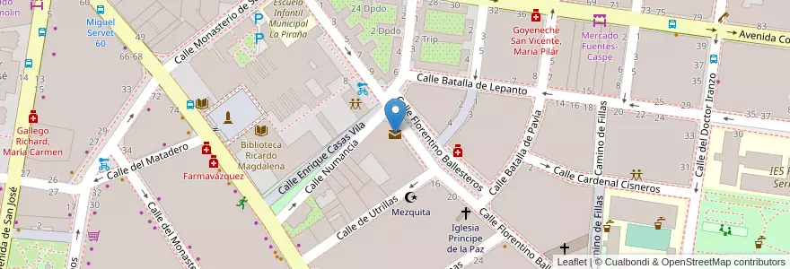 Mapa de ubicacion de Oficina de Correos Florentino Ballesteros en スペイン, アラゴン州, サラゴサ, Zaragoza, サラゴサ.