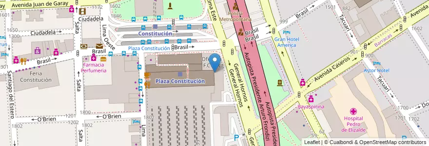 Mapa de ubicacion de Oficinas F.C.G.R, Constitucion en Arjantin, Ciudad Autónoma De Buenos Aires, Comuna 4, Comuna 1, Buenos Aires.