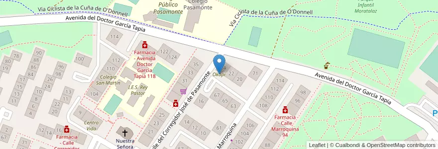 Mapa de ubicacion de Okapi en Espanha, Comunidade De Madrid, Comunidade De Madrid, Área Metropolitana De Madrid Y Corredor Del Henares, Madrid.