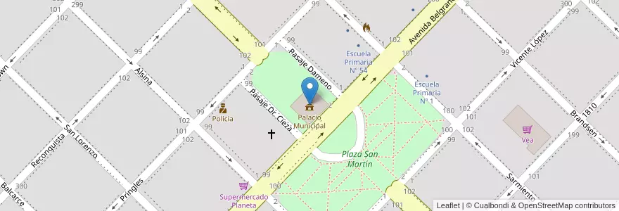 Mapa de ubicacion de Palacio Municipal en 阿根廷, 布宜诺斯艾利斯省, Partido De Tres Arroyos, Tres Arroyos.