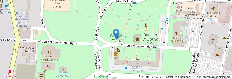 Mapa de ubicacion de Parque Cívico en 阿根廷, 智利, Mendoza, Departamento Capital, Sección 2ª Barrio Cívico, Ciudad De Mendoza.