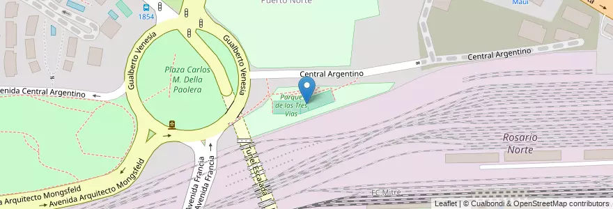 Mapa de ubicacion de Parque de las Tres Vías en Arjantin, Santa Fe, Departamento Rosario, Municipio De Rosario, Rosario.