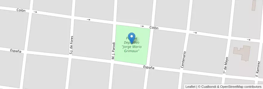 Mapa de ubicacion de Parque Deportivo "Jorge Mario Grimaux" en Argentine, Province D'Entre Ríos, Departamento Tala, Distrito Pueblo Segundo, Rosario Del Tala.