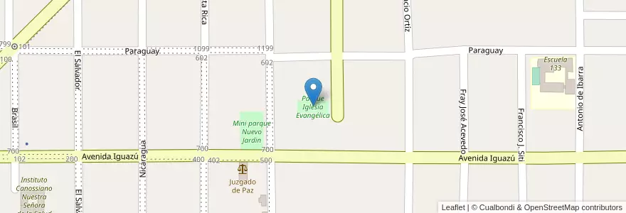 Mapa de ubicacion de Parque Iglesia Evangélica en アルゼンチン, ミシオネス州, Departamento San Ignacio, Municipio De Jardín América.