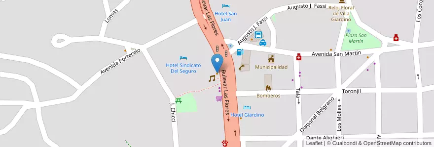Mapa de ubicacion de Parrilla Hueso´s en Argentinië, Córdoba, Departamento Punilla, Pedanía San Antonio, Municipio De Villa Giardino, Villa Giardino.