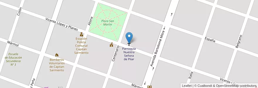 Mapa de ubicacion de Parroquia Nuestra Señora de Pilar en アルゼンチン, ブエノスアイレス州, Partido De Capitán Sarmiento, Capitán Sarmiento.