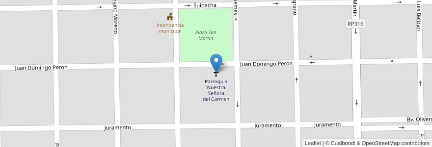 Mapa de ubicacion de Parroquia Nuestra Señora del Carmen en Argentinien, Provinz Córdoba, Departamento General Roca, Pedanía Jagüeles, Municipio De Huinca Renancó, Huinca Renancó.