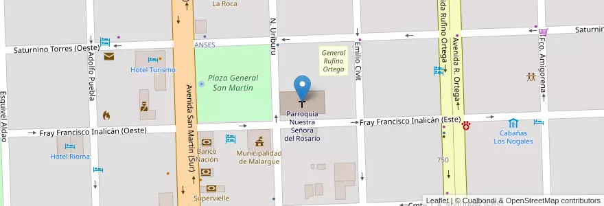 Mapa de ubicacion de Parroquia Nuestra Señora del Rosario en Argentinië, Chili, Mendoza, Departamento Malargüe, Distrito Ciudad De Malargüe.