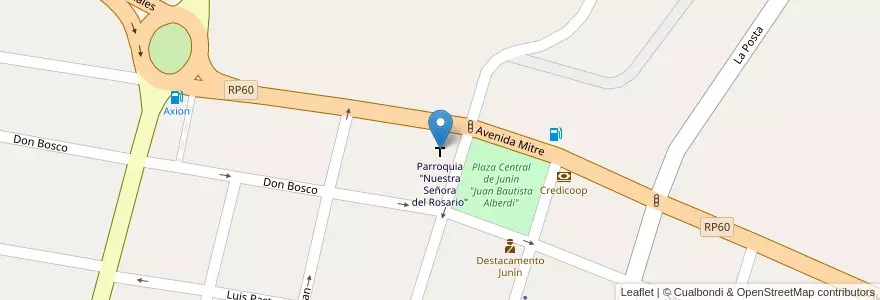 Mapa de ubicacion de Parroquia "Nuestra Señora del Rosario" en Arjantin, Şili, Mendoza, Departamento Junín, Distrito Ciudad.
