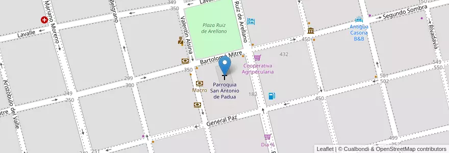 Mapa de ubicacion de Parroquia San Antonio de Padua en 아르헨티나, 부에노스아이레스주, Partido De San Antonio De Areco, San Antonio De Areco.