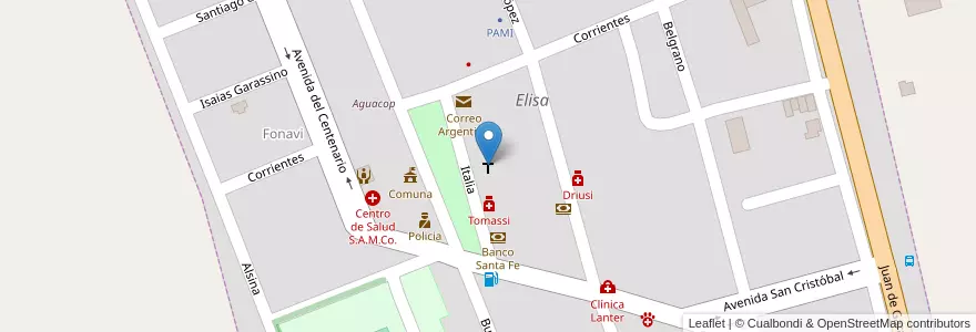 Mapa de ubicacion de Parroquia "San Francisco De Asis" en アルゼンチン, サンタフェ州, Departamento Las Colonias, Municipio De Elisa, Elisa.