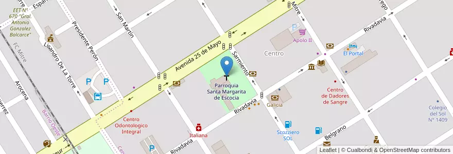 Mapa de ubicacion de Parroquia Santa Margarita de Escocia en الأرجنتين, سانتا في, Departamento San Jerónimo, Municipio De Gálvez, Gálvez.