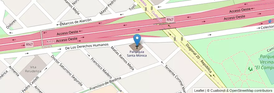 Mapa de ubicacion de Parroquia Santa Mónica en Arjantin, Buenos Aires, Partido De Morón, Villa Sarmiento.