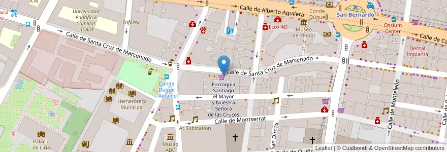 Mapa de ubicacion de Parroquia Santiago el Mayor y Nuestra Señora de las Cruces en اسپانیا, بخش خودمختار مادرید, بخش خودمختار مادرید, Área Metropolitana De Madrid Y Corredor Del Henares, مادرید.