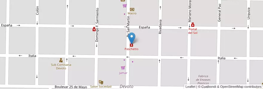 Mapa de ubicacion de Paschetto en 阿根廷, Córdoba, Departamento San Justo, Pedanía Juárez Celman, Municipio De Devoto, Devoto.