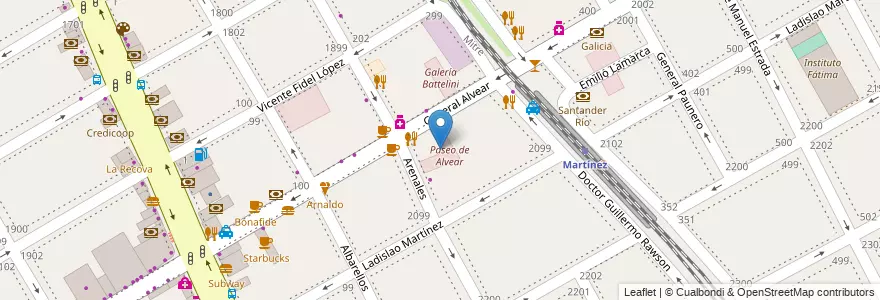 Mapa de ubicacion de Paseo de Alvear en 阿根廷, 布宜诺斯艾利斯省, Partido De San Isidro, Martínez.