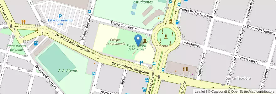 Mapa de ubicacion de Paseo "Héroes de Malvinas" en Argentine, Córdoba, Departamento Río Cuarto, Pedanía Río Cuarto, Municipio De Río Cuarto, Río Cuarto.