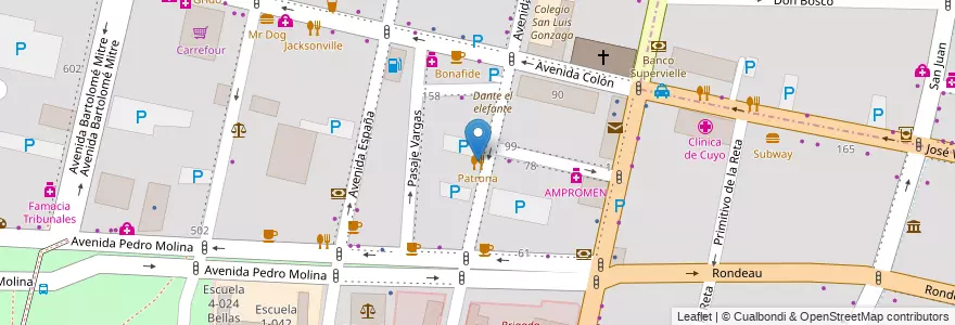 Mapa de ubicacion de Patrona en Arjantin, Şili, Mendoza, Departamento Capital, Sección 2ª Barrio Cívico, Ciudad De Mendoza.