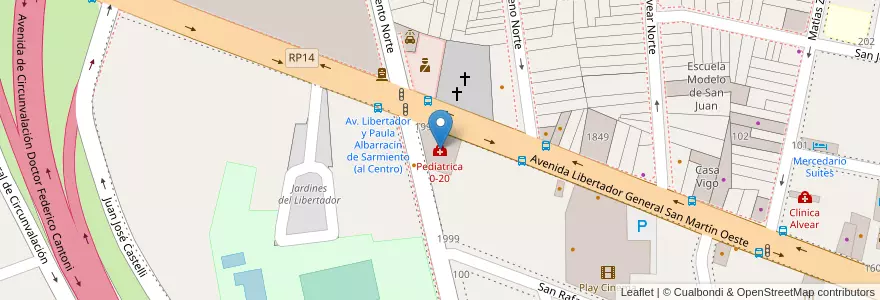Mapa de ubicacion de Pedíatrica 0-20 en Argentinië, San Juan, Chili, Capital.