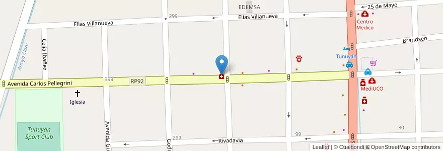 Mapa de ubicacion de Pellegrini en Arjantin, Şili, Mendoza, Departamento Tunuyán, Distrito Ciudad De Tunuyán.