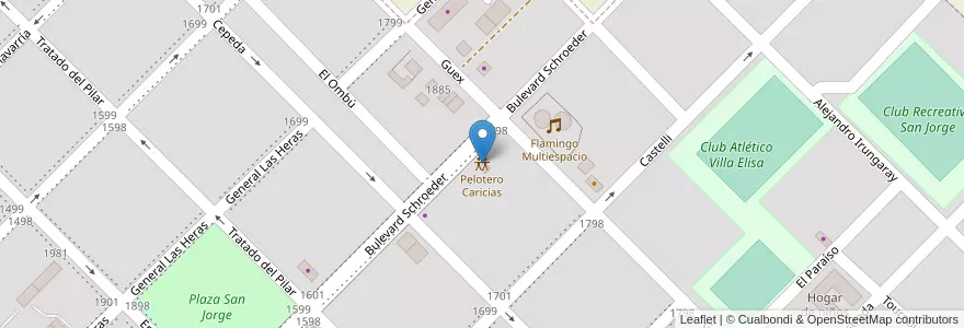 Mapa de ubicacion de Pelotero Caricias en 아르헨티나, 엔트레리오스주, Departamento Colón, Distrito Segundo, Villa Elisa, Villa Elisa.