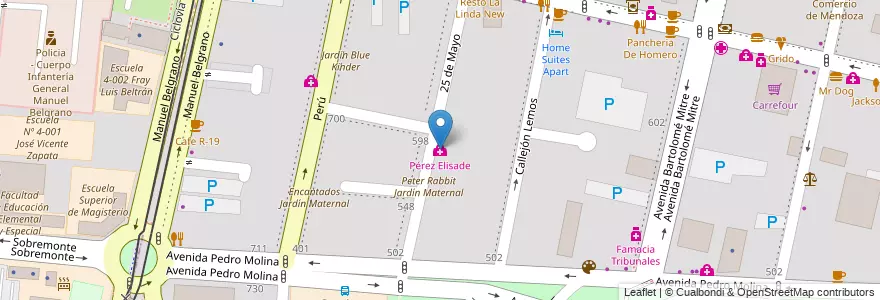 Mapa de ubicacion de Pérez Elisade en Arjantin, Şili, Mendoza, Departamento Capital, Sección 2ª Barrio Cívico, Ciudad De Mendoza.