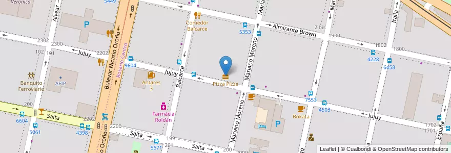 Mapa de ubicacion de Pizza Pizza en アルゼンチン, サンタフェ州, Departamento Rosario, Municipio De Rosario, ロサリオ.