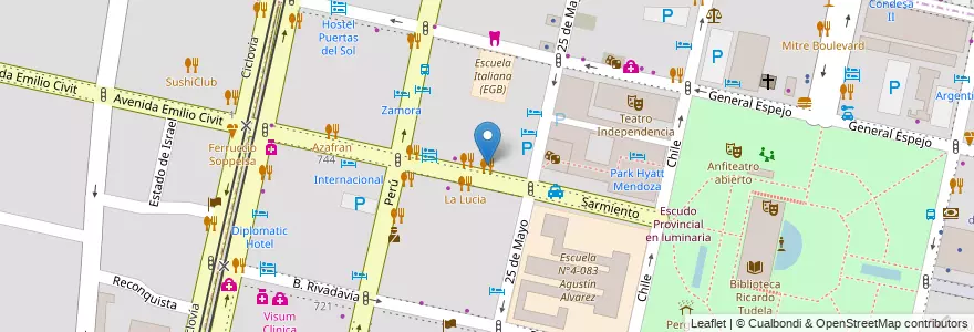 Mapa de ubicacion de Pizzaiolo en 阿根廷, 智利, Mendoza, Departamento Capital, Sección 2ª Barrio Cívico, Ciudad De Mendoza.