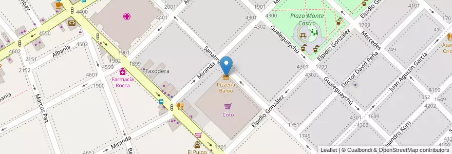 Mapa de ubicacion de Pizzeria Baloo, Monte Castro en Аргентина, Буэнос-Айрес, Буэнос-Айрес, Comuna 10.