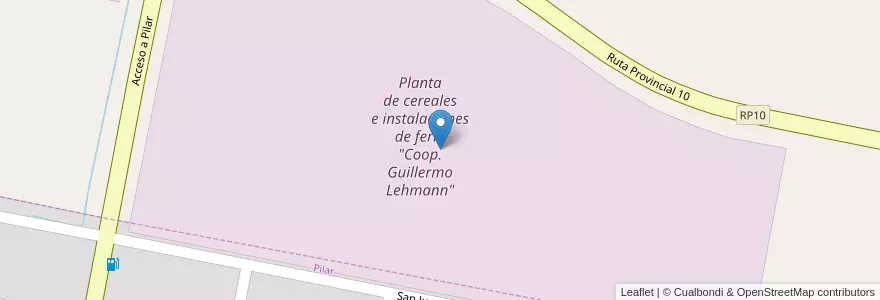 Mapa de ubicacion de Planta de cereales e instalaciones de feria "Coop. Guillermo Lehmann" en 아르헨티나, Santa Fe, Departamento Las Colonias, Municipio De Pilar.