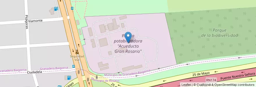Mapa de ubicacion de Planta potabilizadora "Acueducto Gran Rosario" en Arjantin, Santa Fe, Departamento Rosario, Municipio De Granadero Baigorria, Granadero Baigorria.