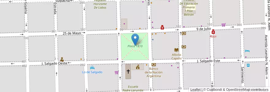 Mapa de ubicacion de Plaza 1810 en アルゼンチン, ブエノスアイレス州, Partido De Lobos, Lobos.